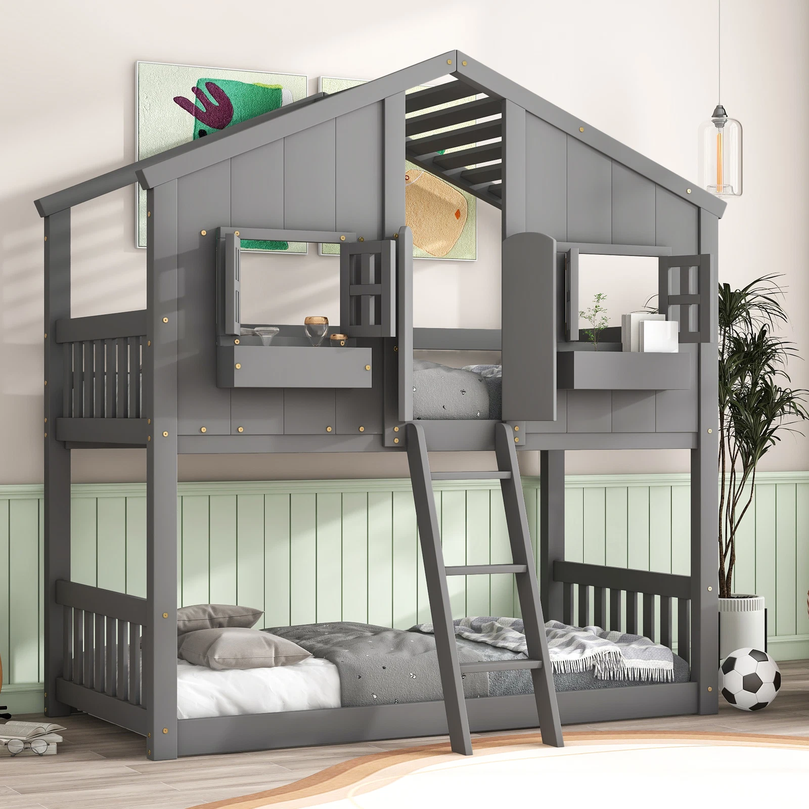 Twin/Twin House Bunk Bed with Roof Window Door Saf